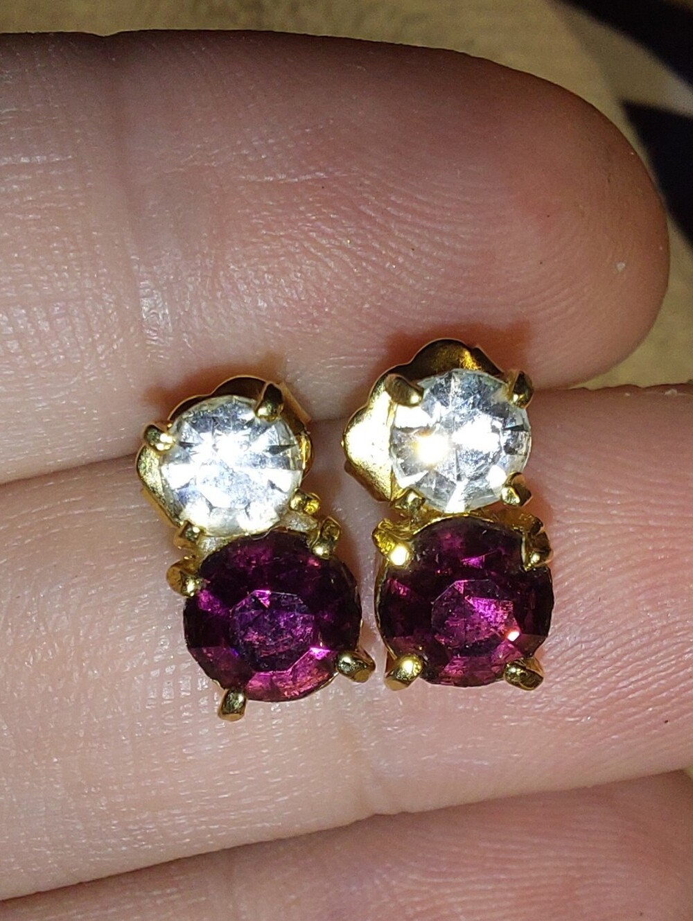 Avon Gold-Plated Double Stone Stud Earrings with Deep Purple and Clear Crystals